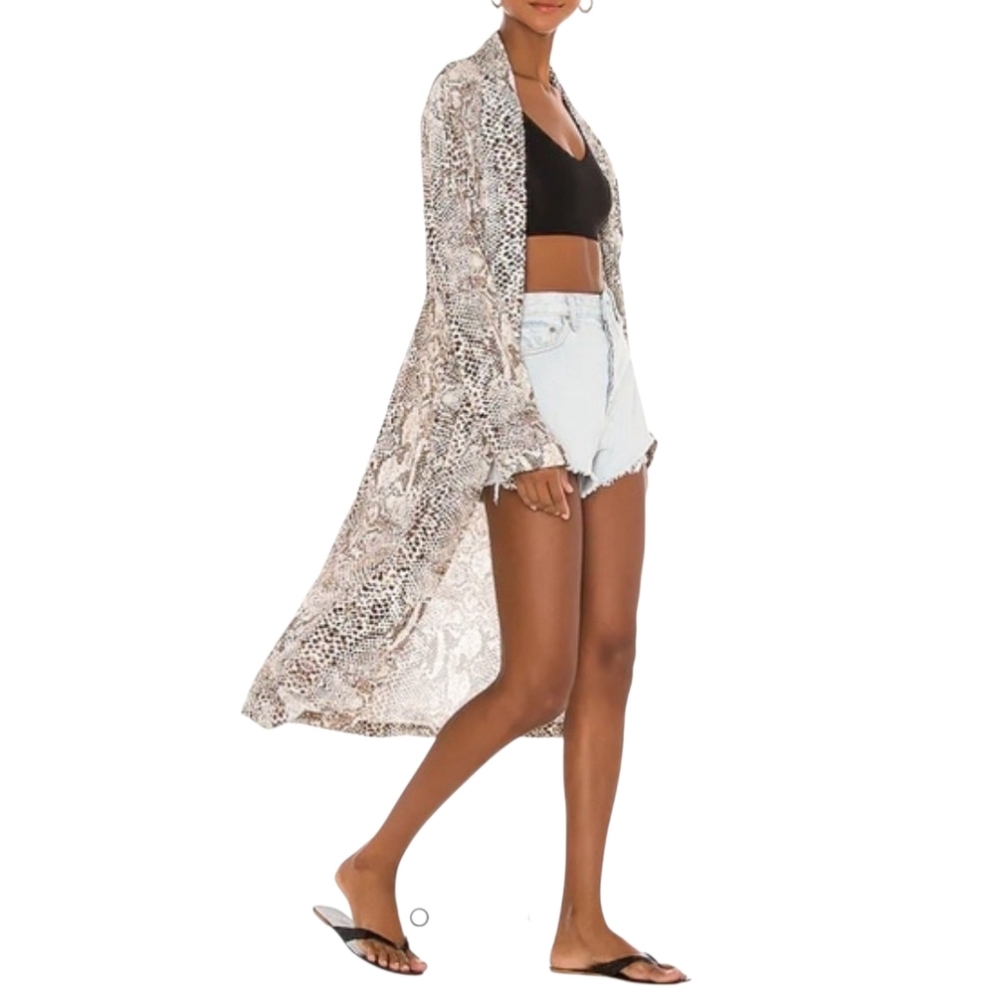 Free People Long Snake Print Duster in Beige and Cream